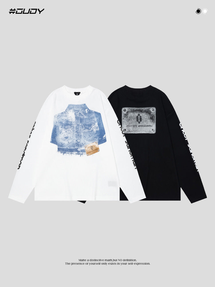 # OVDY autumn and winter New 250g contrast color stitching long sleeve T-shirt waffle small round neck top long sleeve fashion brand