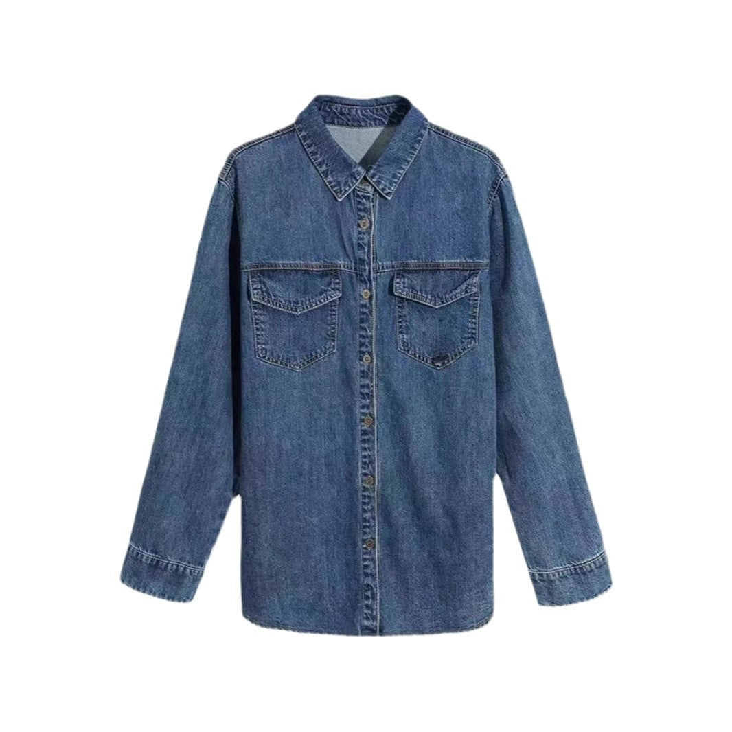 Amazon Autumn New Denim shirt Women's loose bottoming retro long sleeve bandage dress shirt coat European style tops