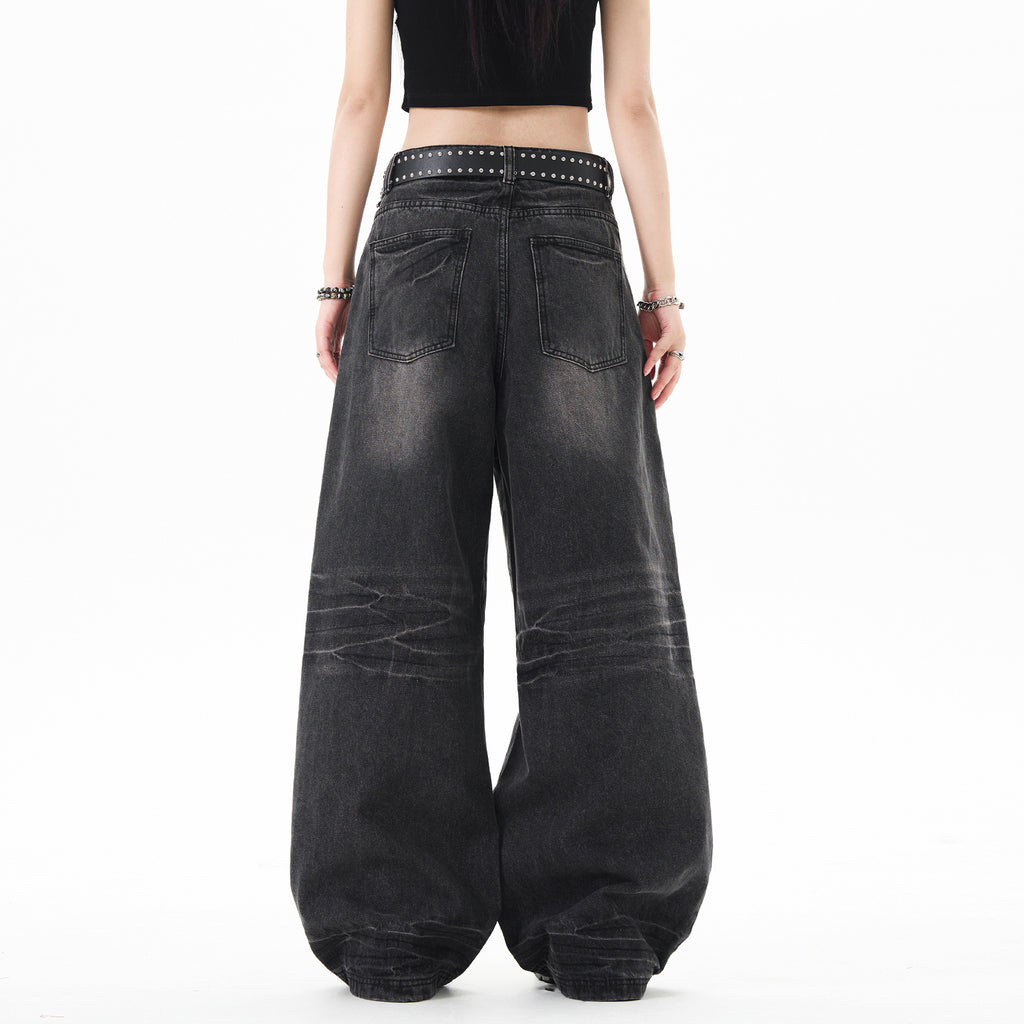 OREETA jeans American retro cat beard washed straight jeans fashion brand loose wide leg heavy jeans