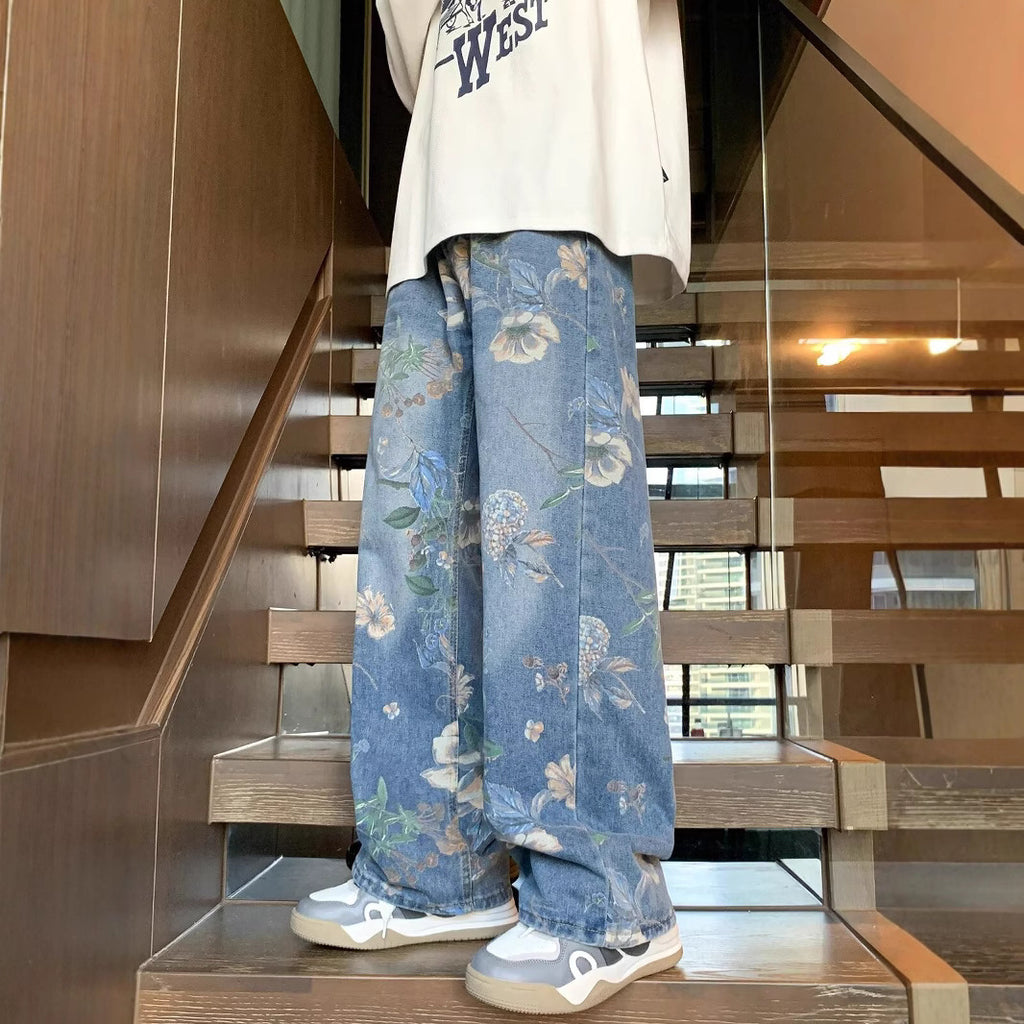 Cross-border autumn floral printed men's jeans vintage denim pants hip hop fashion wide leg loose jeans