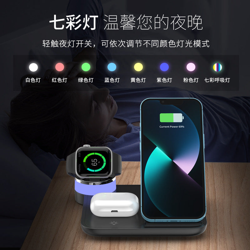 Amazon hot mobile phone three-in-one wireless charger 15W fast charge foldable seven-color ambience light wireless charger electrical appliances