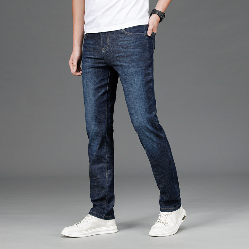 Jeans men's spring and summer straight slim stretch denim trousers men's business mid-high waist jeans thin