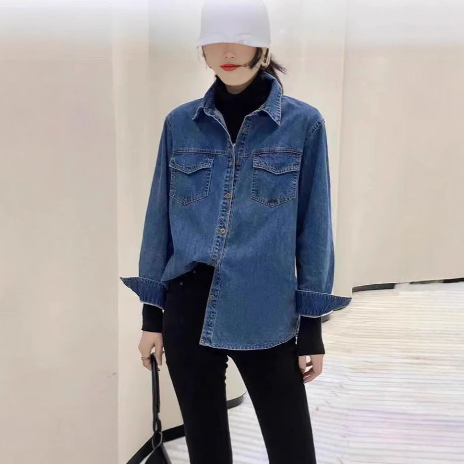 Amazon Autumn New Denim shirt Women's loose bottoming retro long sleeve bandage dress shirt coat European style tops