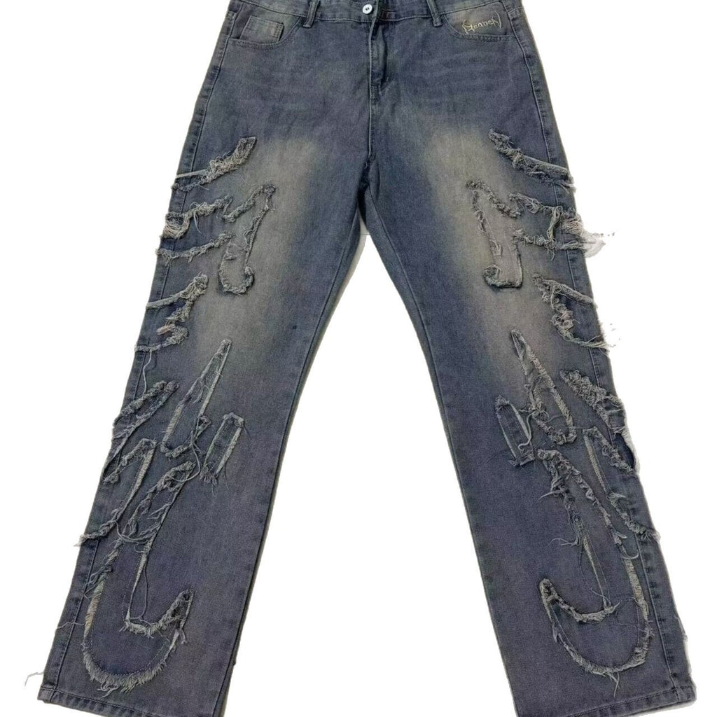Streetwear jeans men women Harajuku embroidery vintage design loose jeans pants high waist wide leg pants