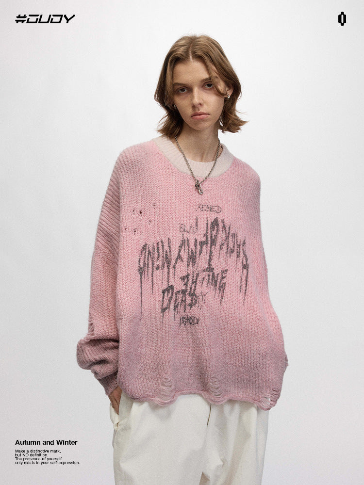 # OVDY autumn and winter New round neck sweater hollow-out ripped design street Tide brand casual loose sweater for men and women