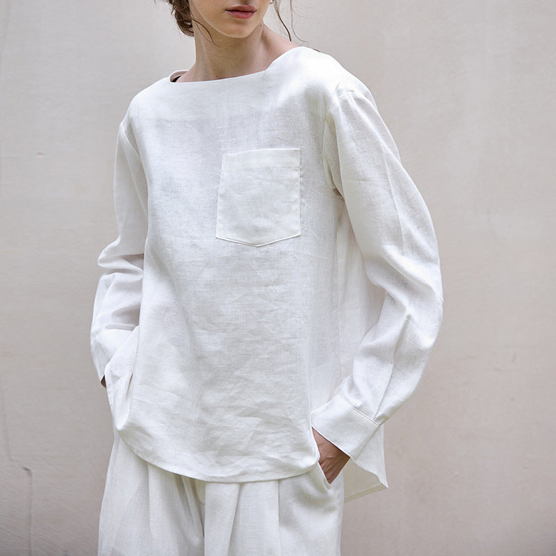 Old Qian style pure linen off-neck long-sleeve women's top 25 autumn and winter loose slimming back buckle design shirt top