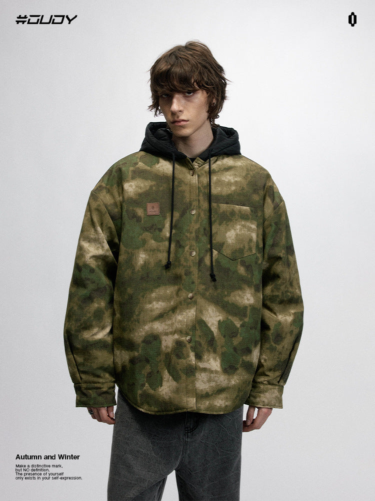# OVDY retro camouflage coat jacket men's loose woven autumn and winter New thickened hooded men's clothing coat cotton-padded jacket