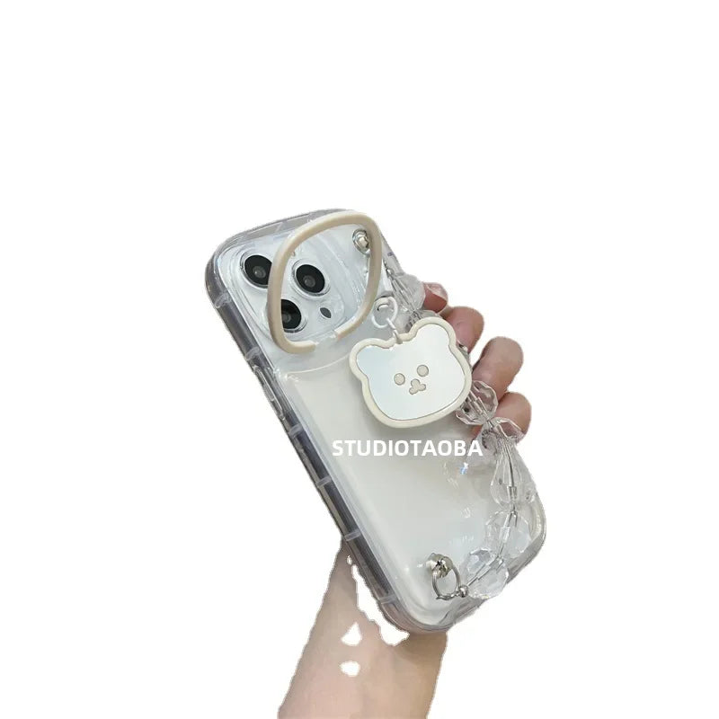 Cute transparent bear mirror pendant for Apple 14Promax phone case 12 female bracket iphone13 air cushion