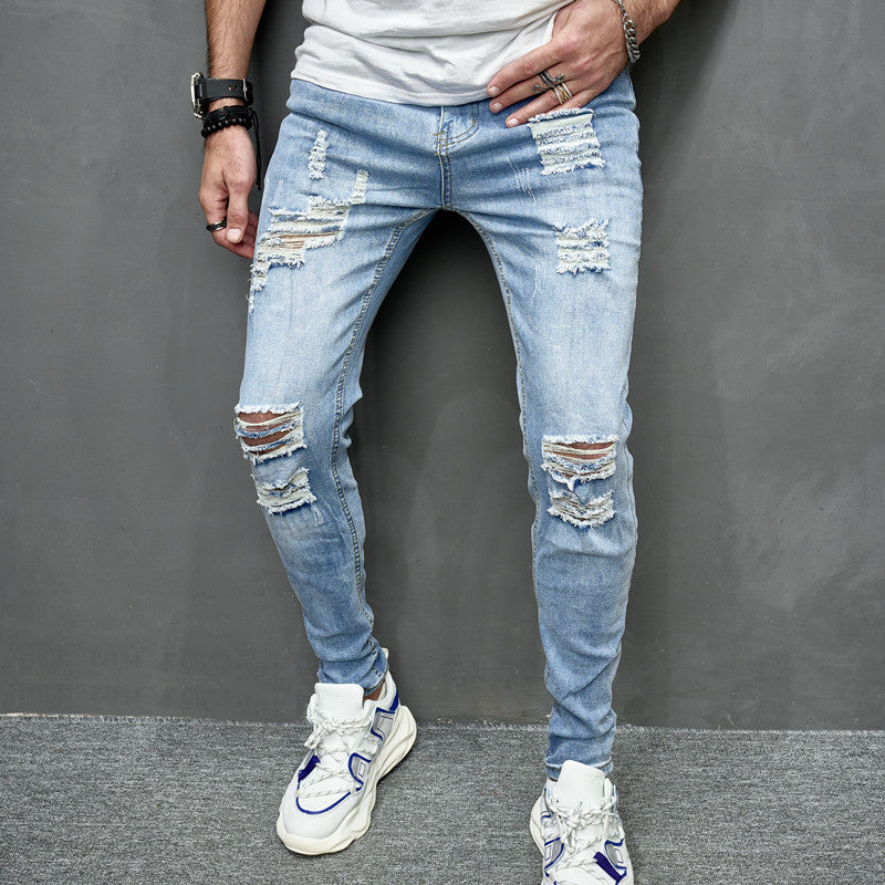 Foreign trade men's jeans trousers high elastic ripped slim jeans men AliExpress men's jeans