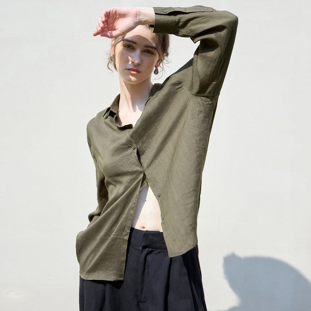 25 Old Money style Ramie loose solid color women's shirt simple single-breasted long sleeve shirt loose feeling Tencel linen top