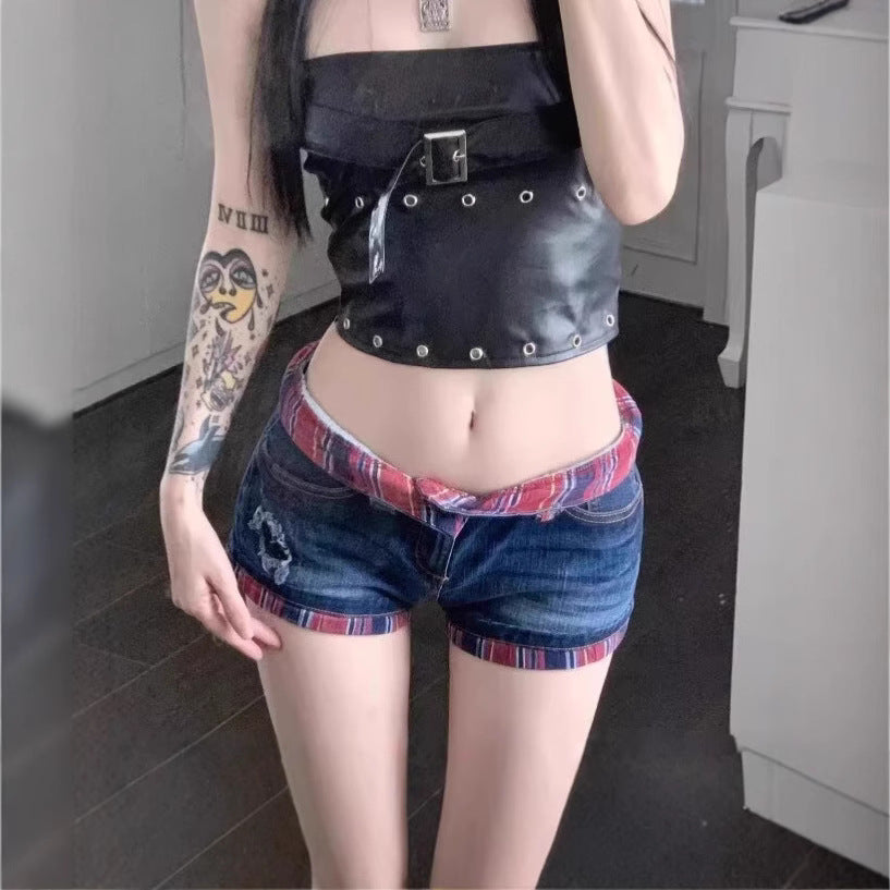 Hot Girl low waist Plaid contrast color tight worn design Denim shorts women's summer new small hot hip pants