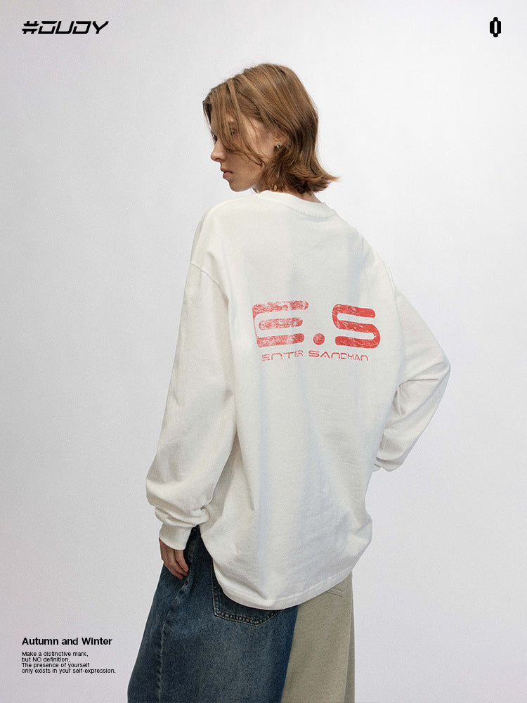 # OVDY 260g double yarn autumn and winter New long sleeve street letters printed casual small turtleneck drop shoulder long T-shirt tide