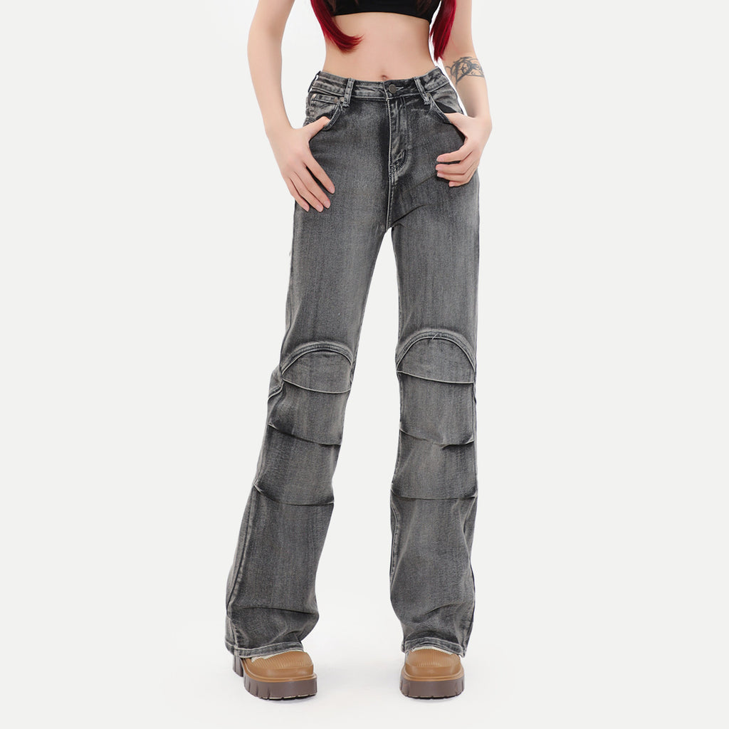 OREETA Retro Patchwork Washed Jeans American Straight Jeans