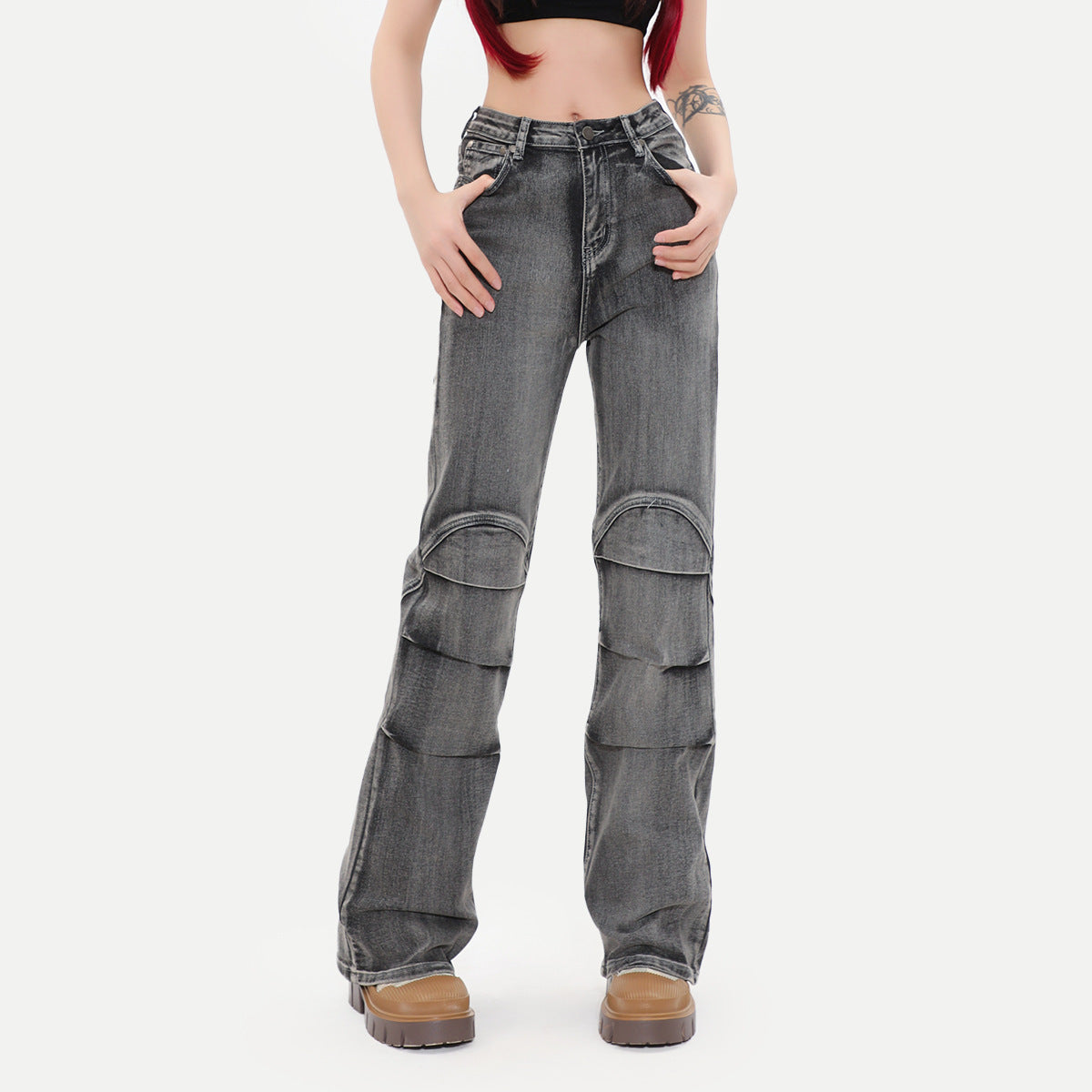 OREETA Retro Patchwork Washed Jeans American Straight Jeans