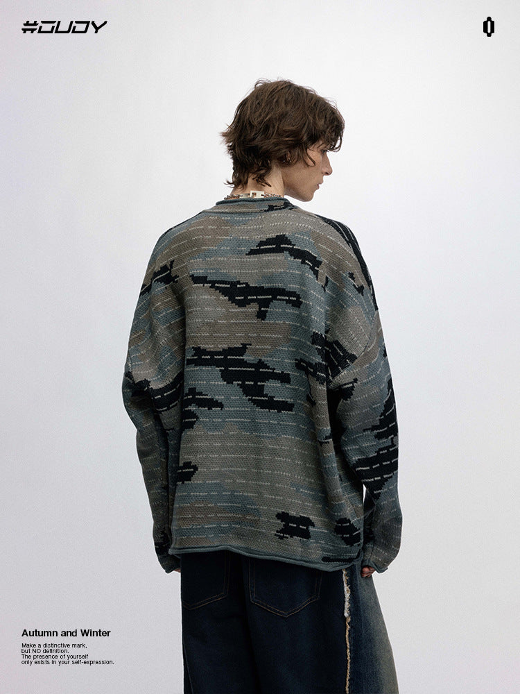 # OVDY autumn and winter warm sweater Computer Jacquard techniques small V-neck camouflage sweater outerwear for men and women