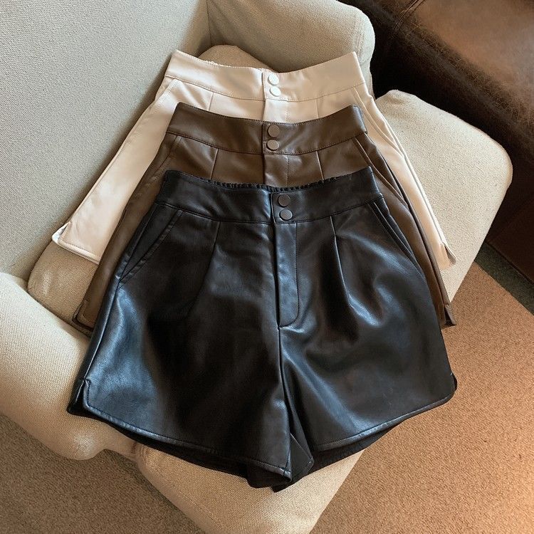 PU leather shorts women's 2022 Autumn New elegant hot girl all-match waist slimming and wide leg A- line casual boot pants