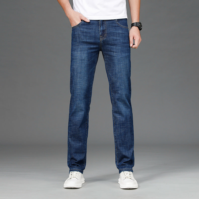 Jeans men's spring and summer straight slim stretch denim trousers men's business mid-high waist jeans thin