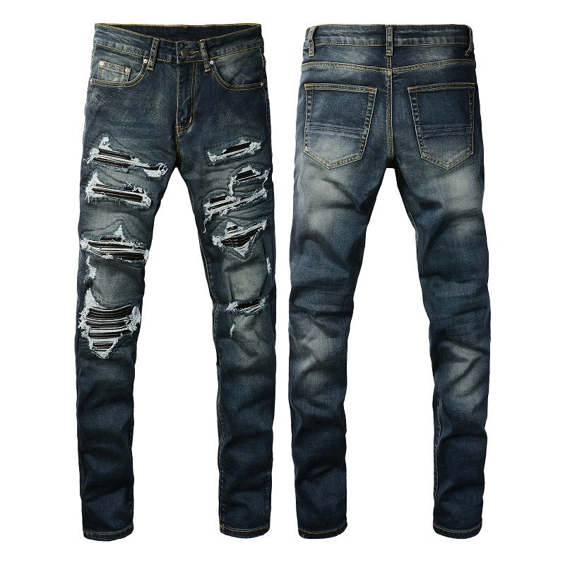 Fashion brand men's jeans slim fit hole & patch men's jeans American high street stretch men skinny pants 832