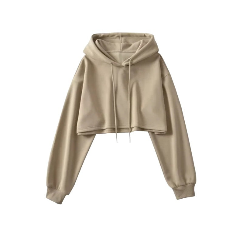 American-style retro hooded drawstring long-sleeved sweater Women's Spring and Autumn street style hot girl super short navel Jazz Dance Top