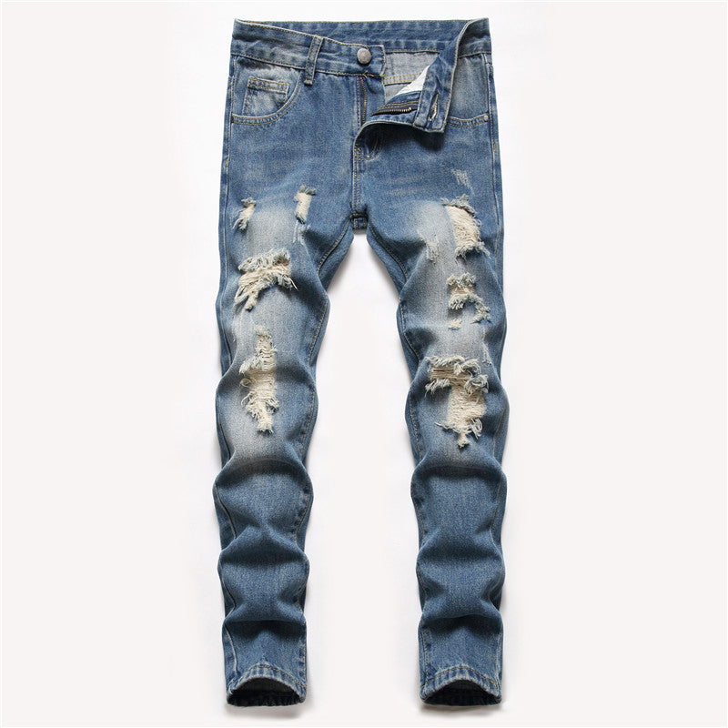 Europe and America cross border special for boys jeans straight ripped trousers washed non-elastic middle and big children jeans