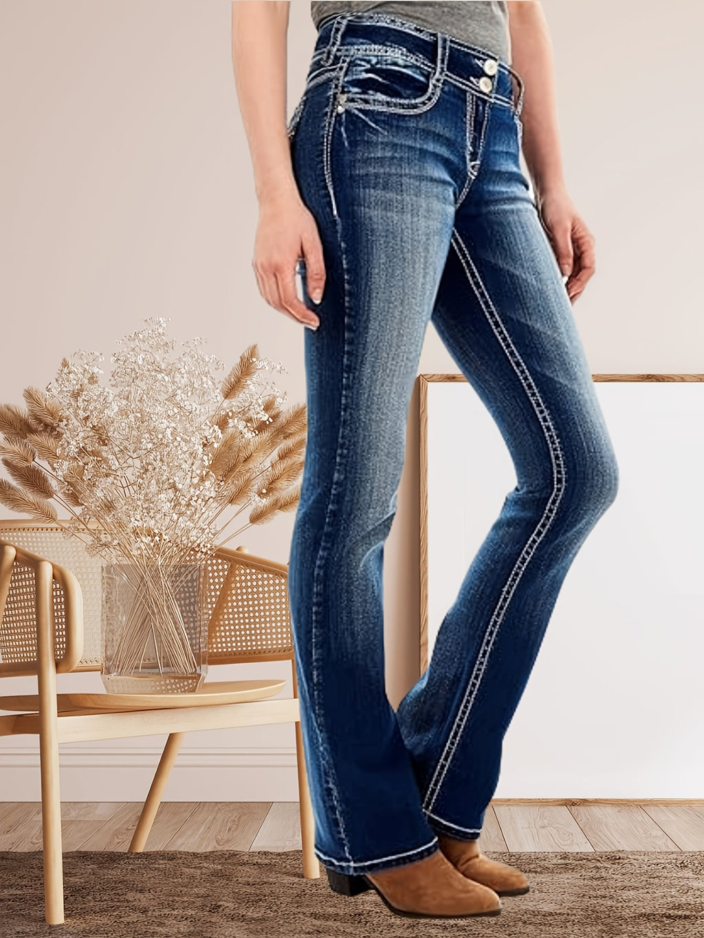 Flared Jeans Flared Stretch Jeans Women's Curved Ripple cross border