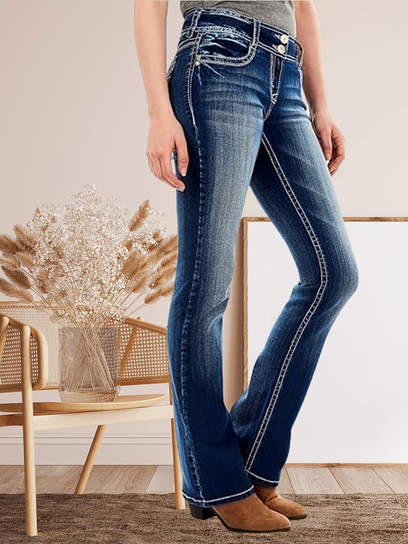 Flared Jeans Flared Stretch Jeans Women's Curved Ripple cross border