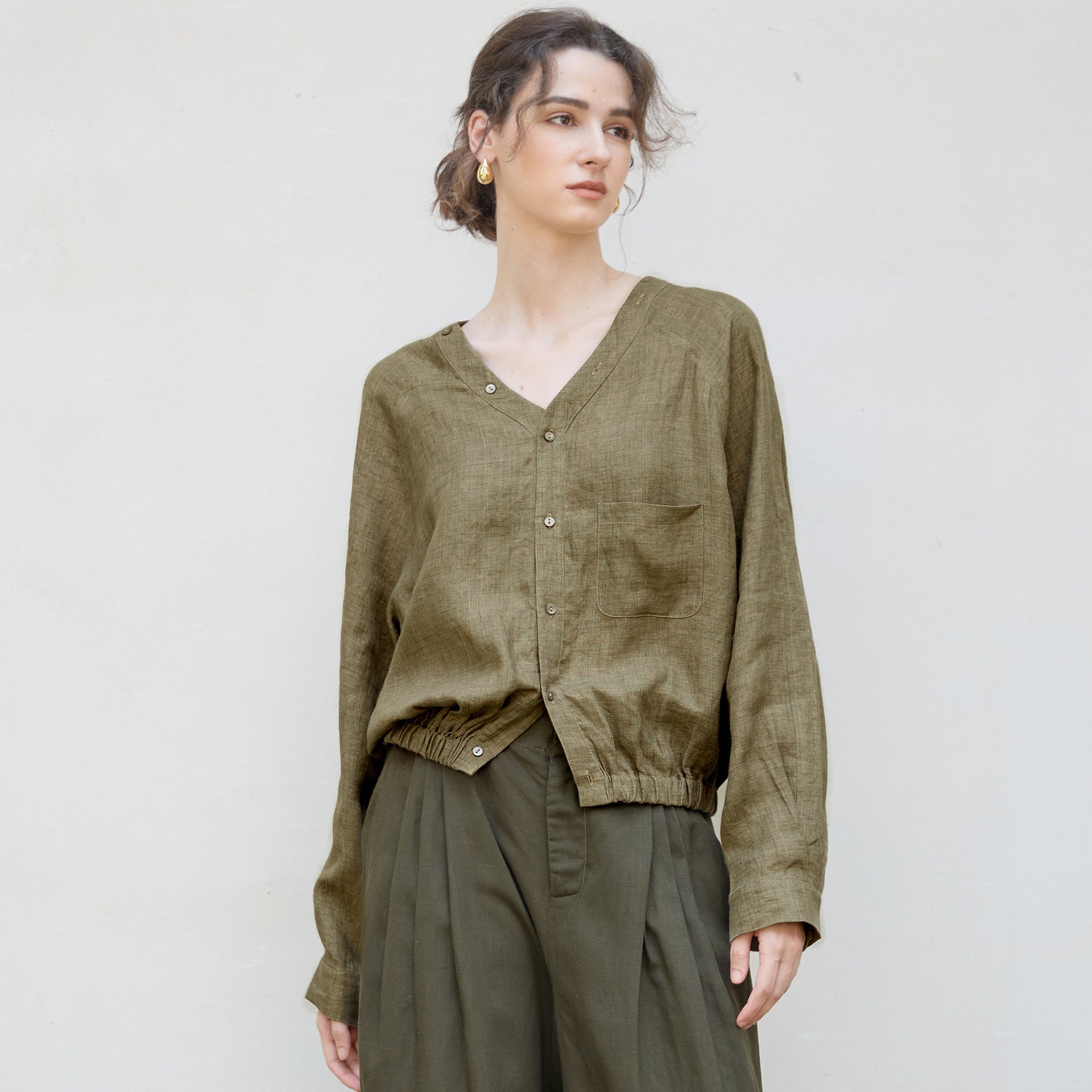 Autumn New all linen V-neck Raglan long-sleeved shirt yarn-dyed craft loose cocoon design old money style shirt
