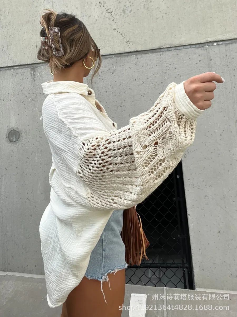 New Crepe Long Sleeve Blouse with Lace Trim for Women |tops
