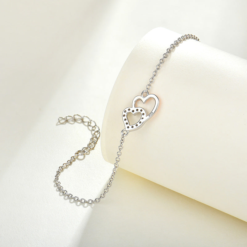Special-interest design loving heart zircon 925 sterling silver bracelet heart-to-heart connection heart shaped bracelet jewellery silver accessories processing