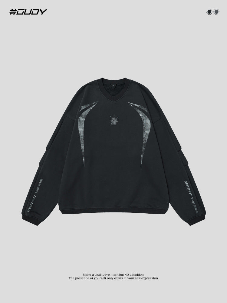 # OVDY 330g combed cotton fleece sweater American simple autumn and winter fleece-lined thickened trendy men's small v-neck sweatshirt