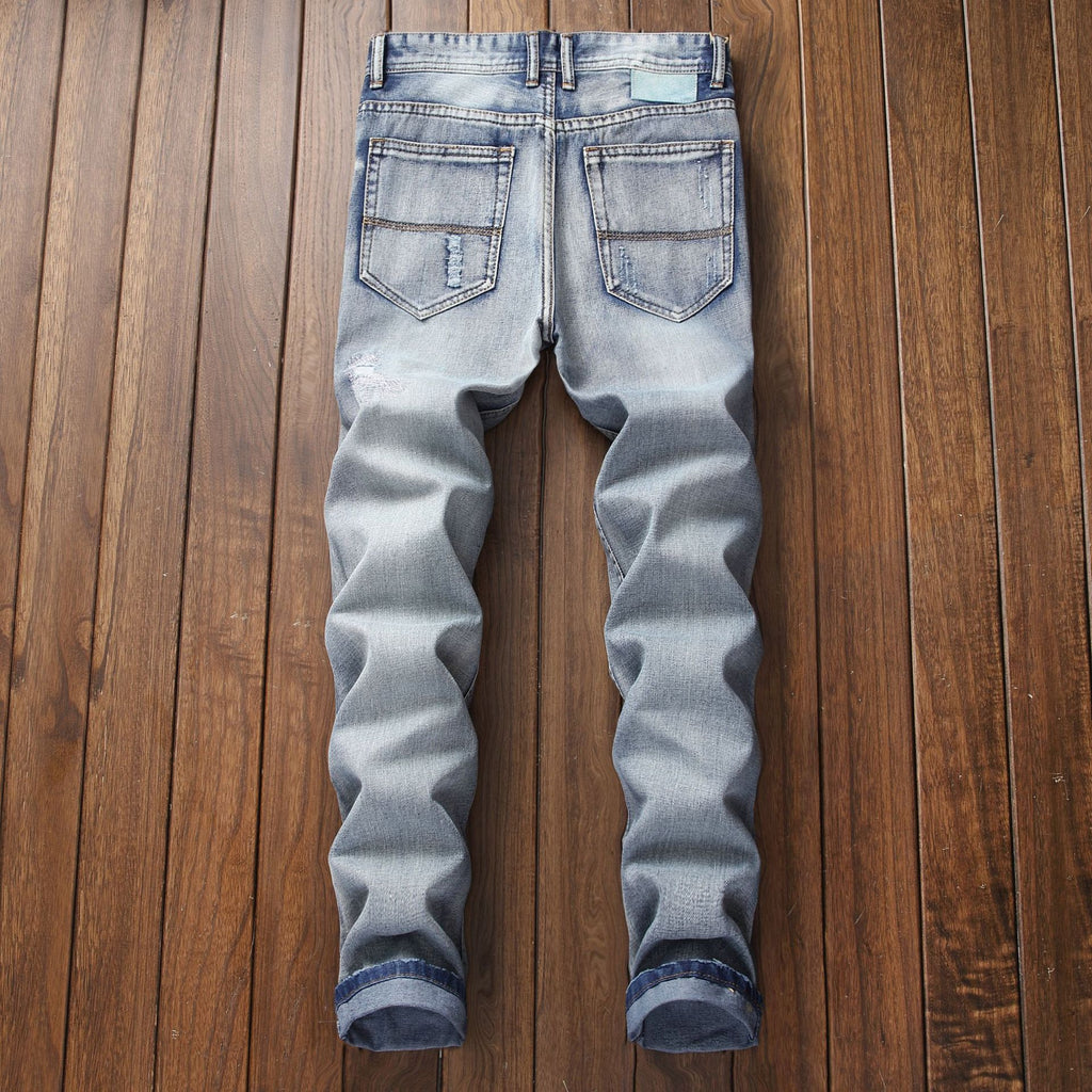 European and American Foreign Trade men's jeans light blue ripped matte white slim-fit straight jeans men's Denim 970