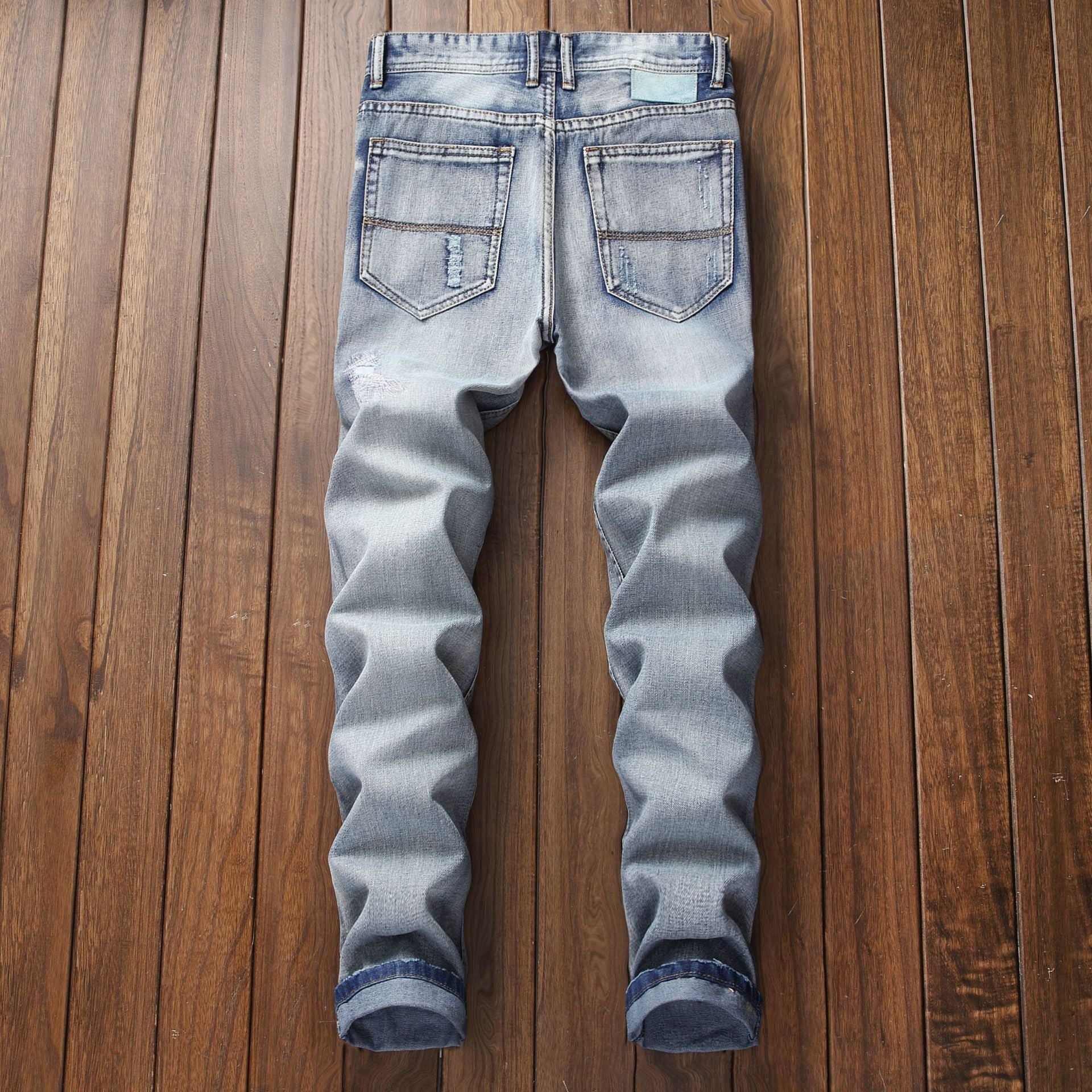 European and American Foreign Trade men's jeans light blue ripped matte white slim-fit straight jeans men's Denim 970