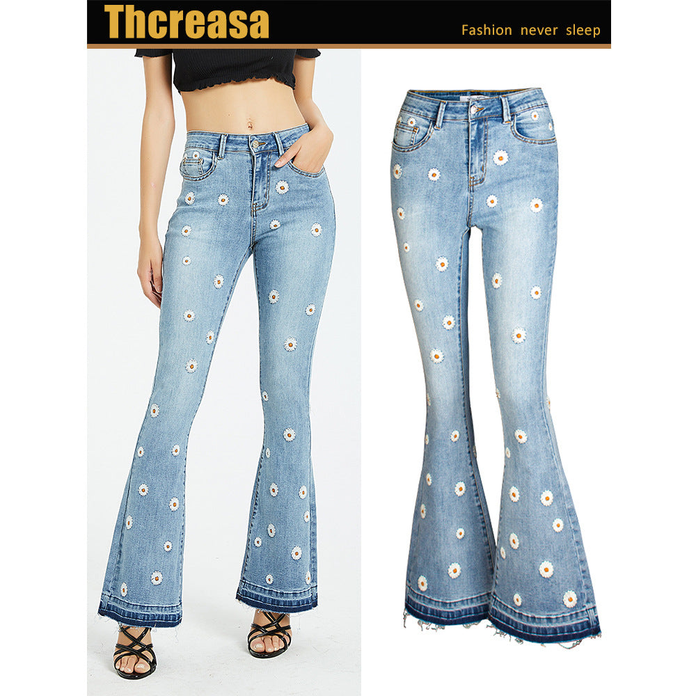 ebay Amazon hot sale Women's wide-leg jeans embroidered horn Daisy jeans women's wide-leg jeans
