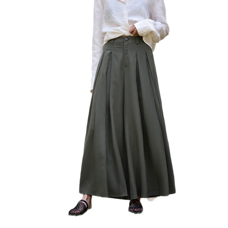 Ramie high waist pantskirt 25 autumn and winter New Tencel linen pleated big hem A- line skirt pants crisp elegant women's skirt
