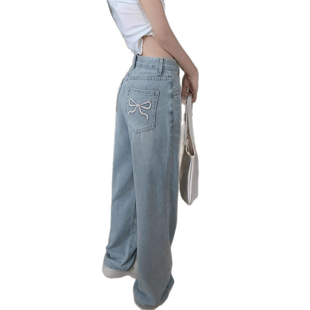 Bowknot embroidered wide-leg jeans for women 2025 Spring/Summer New High waist slimming high-rise all-matching straight pants