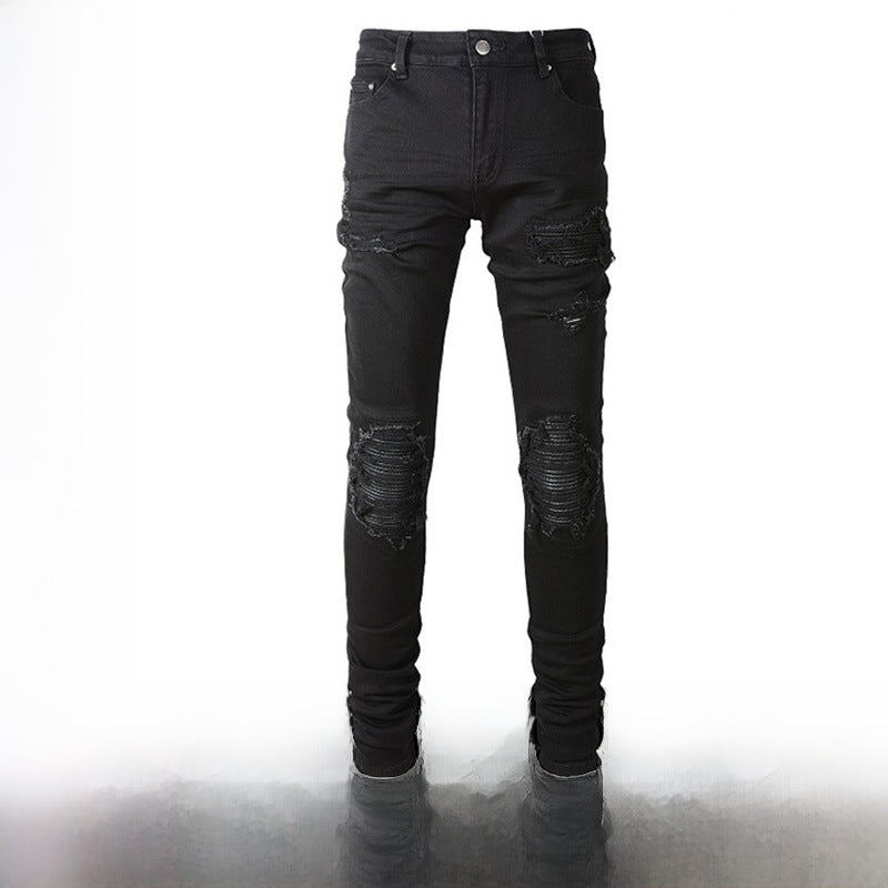 Foreign trade Men's European and American simple black patch jeans men's ripped jeans men's simple slim fit skinny pants