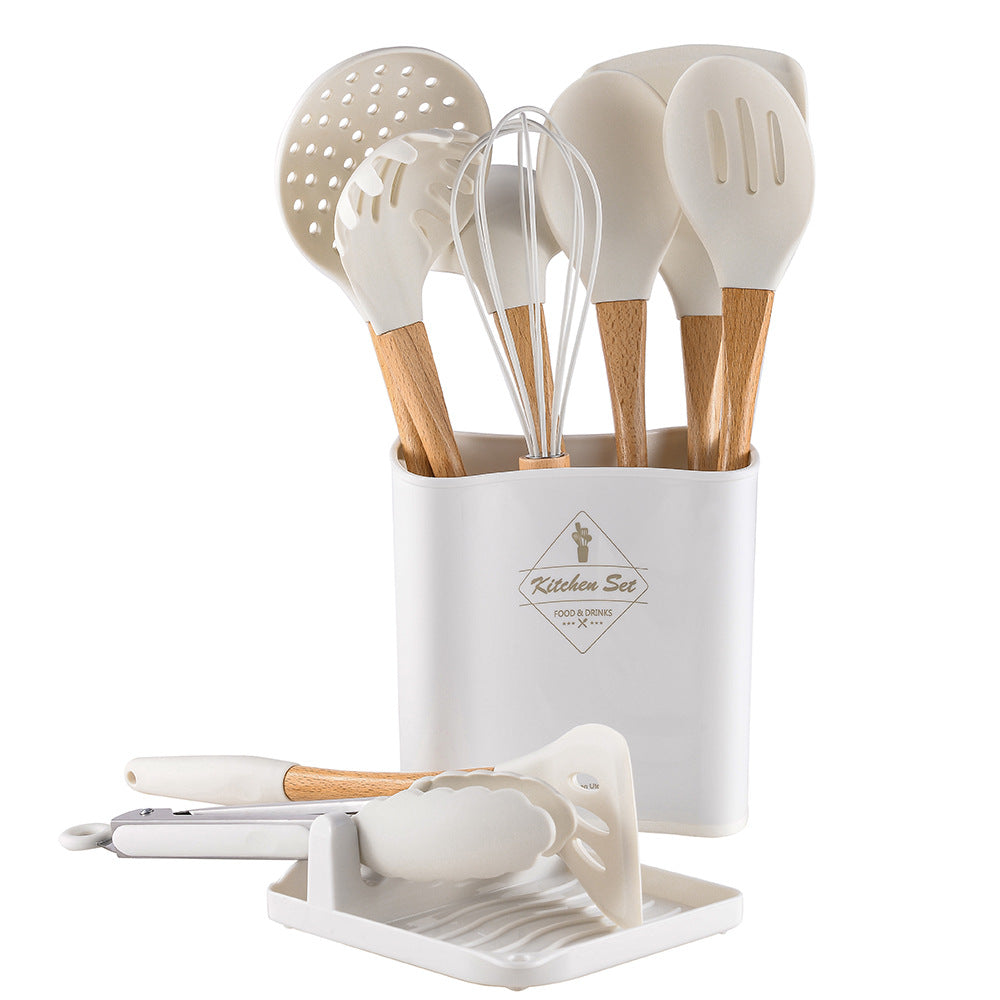 Wooden handle silicone heat-proof end sleeve silicone kitchenware set eleven-piece set spatula kitchen tools suit