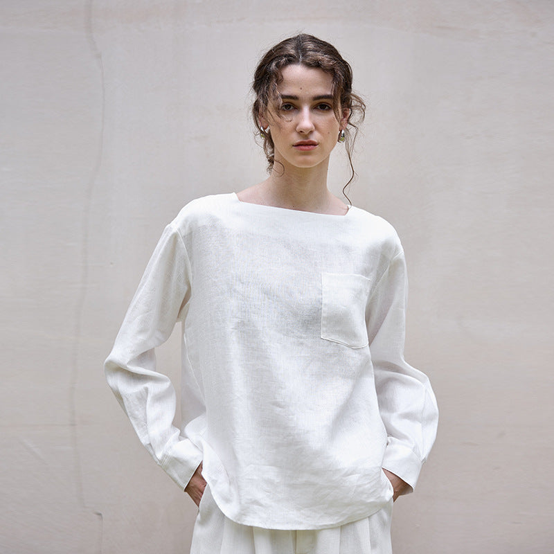 Old Qian style pure linen off-neck long-sleeve women's top 25 autumn and winter loose slimming back buckle design shirt top