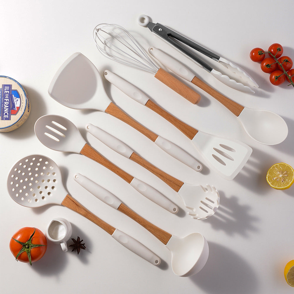 Wooden handle silicone heat-proof end sleeve silicone kitchenware set eleven-piece set spatula kitchen tools suit