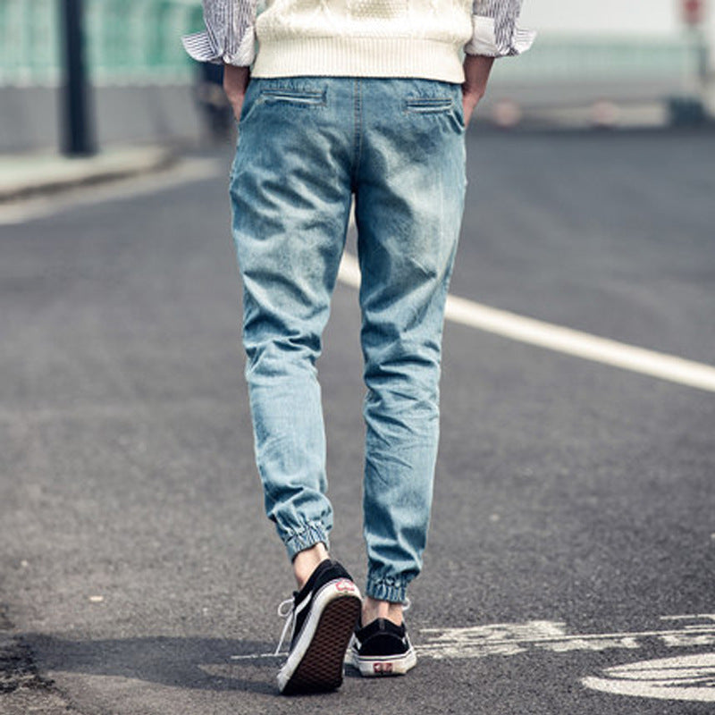 Men's jeans ankle-tied harem pants youth loose jeans autumn and winter elastic waist stretch skinny jeans