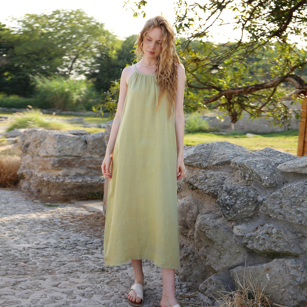 French style temperament tassel design sling dress female 2025 spring/summer vacation beach Tencel linen loose long dress