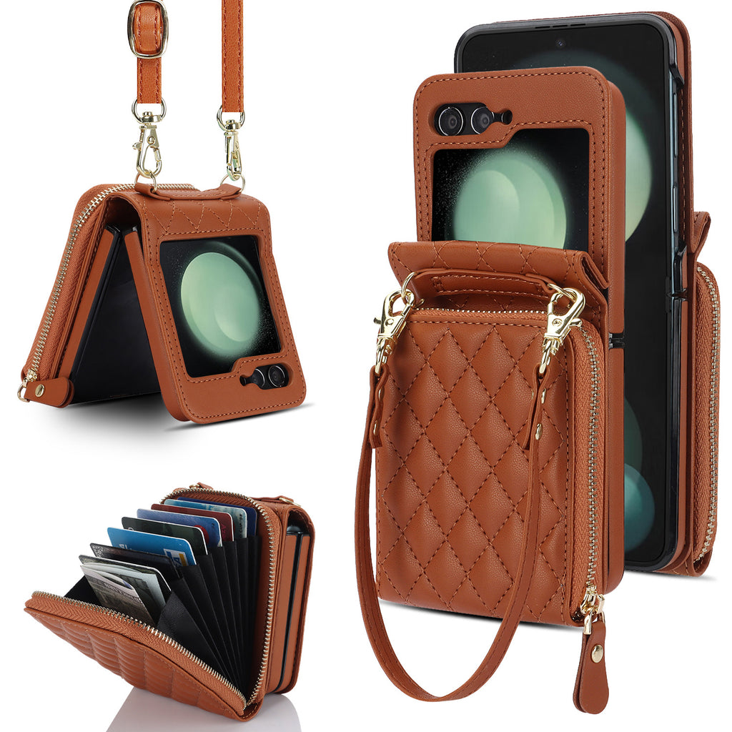 Applicable to Z FLIP5 classic style diamond grid zipper bag veneer shell oblique expanding card holder findn2flip phone case