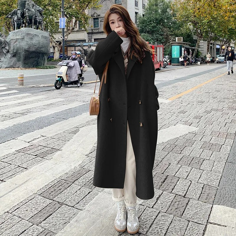 Pink reversible cashmere coat women 2023 autumn and winter New Korean style loose mid-length Hepburn style woolen coat