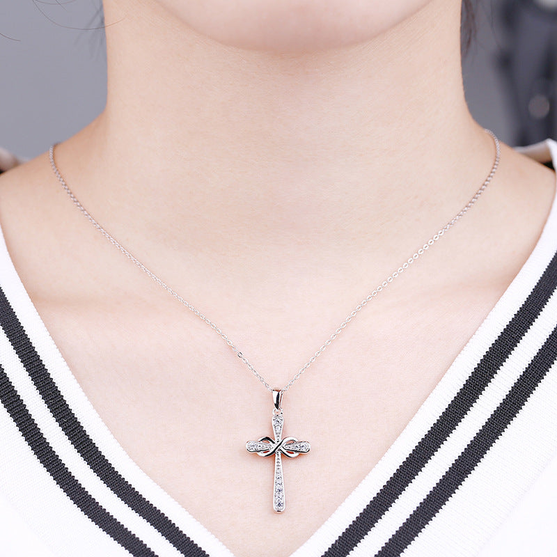 Cross necklace female S925 sterling silver bow zircon pendant foreign trade cross-border thermal mining jewelry silver accessories processing