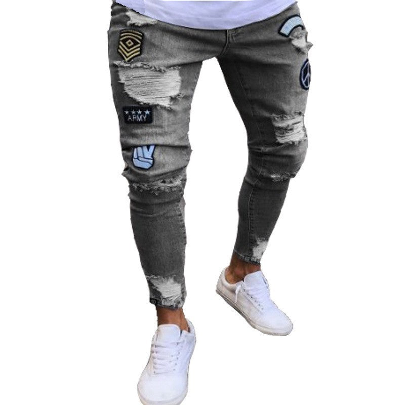 Men's jeans wisheBay feet hot sale jeans men's jeans ripped 4X badge cross-border LS
