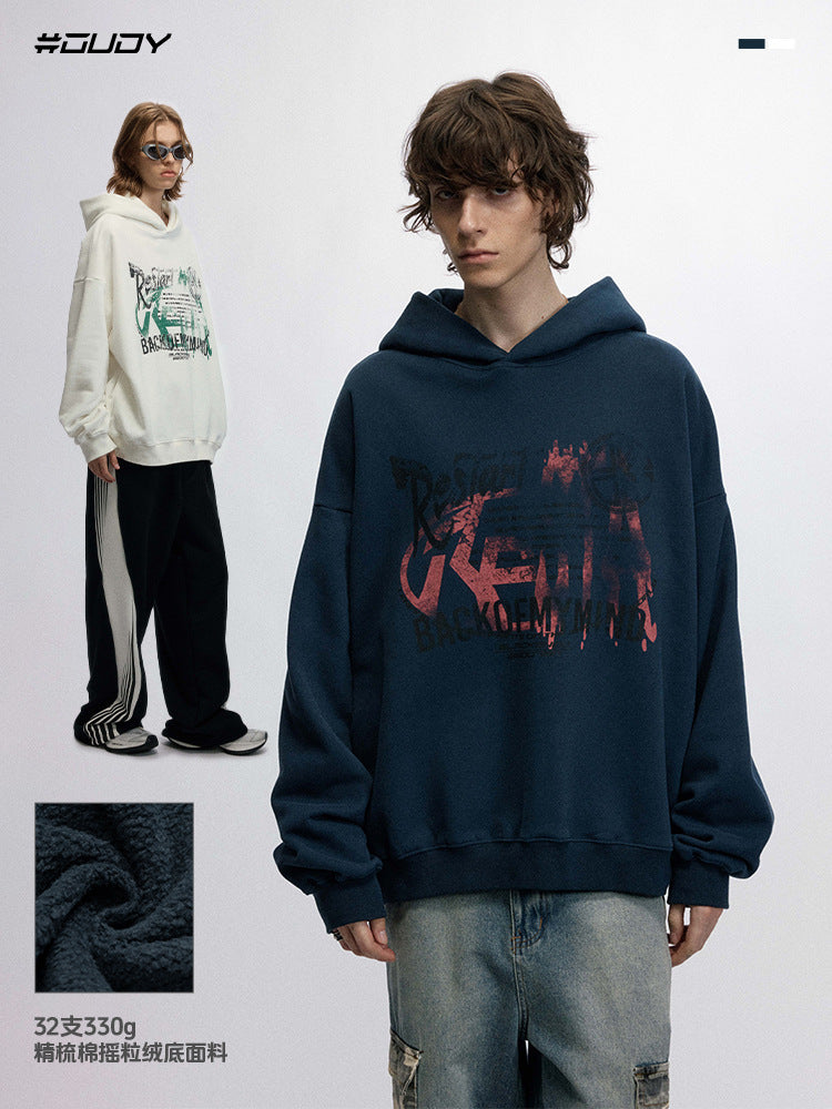 # OVDY 330g heavy autumn winter New pullover American letters printing plus velvet thickened advanced hooded sweater for men