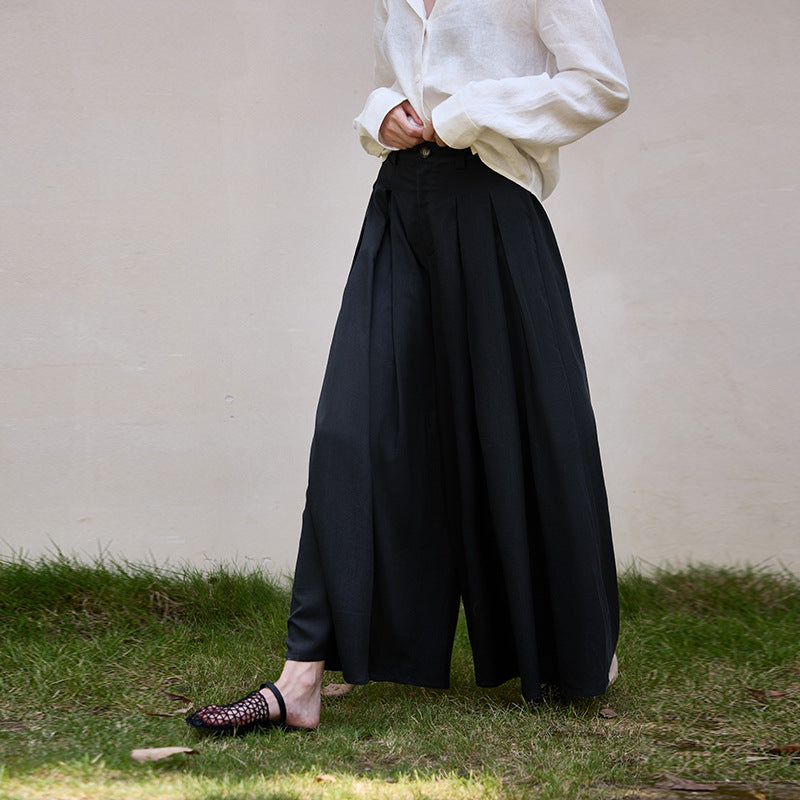 Ramie high waist pantskirt 25 autumn and winter New Tencel linen pleated big hem A- line skirt pants crisp elegant women's skirt