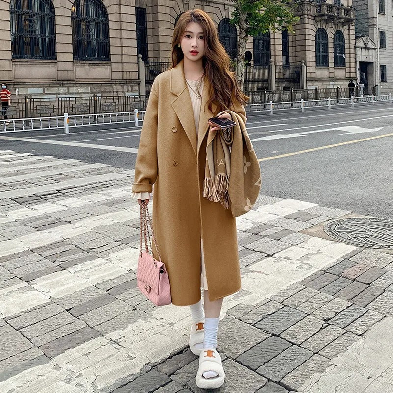 Pink reversible cashmere coat women 2023 autumn and winter New Korean style loose mid-length Hepburn style woolen coat