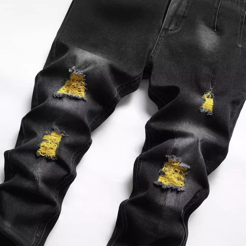 Black jeans 2025 new ripped jeans micro elastic slim fit skinny men's jeans factory delivery