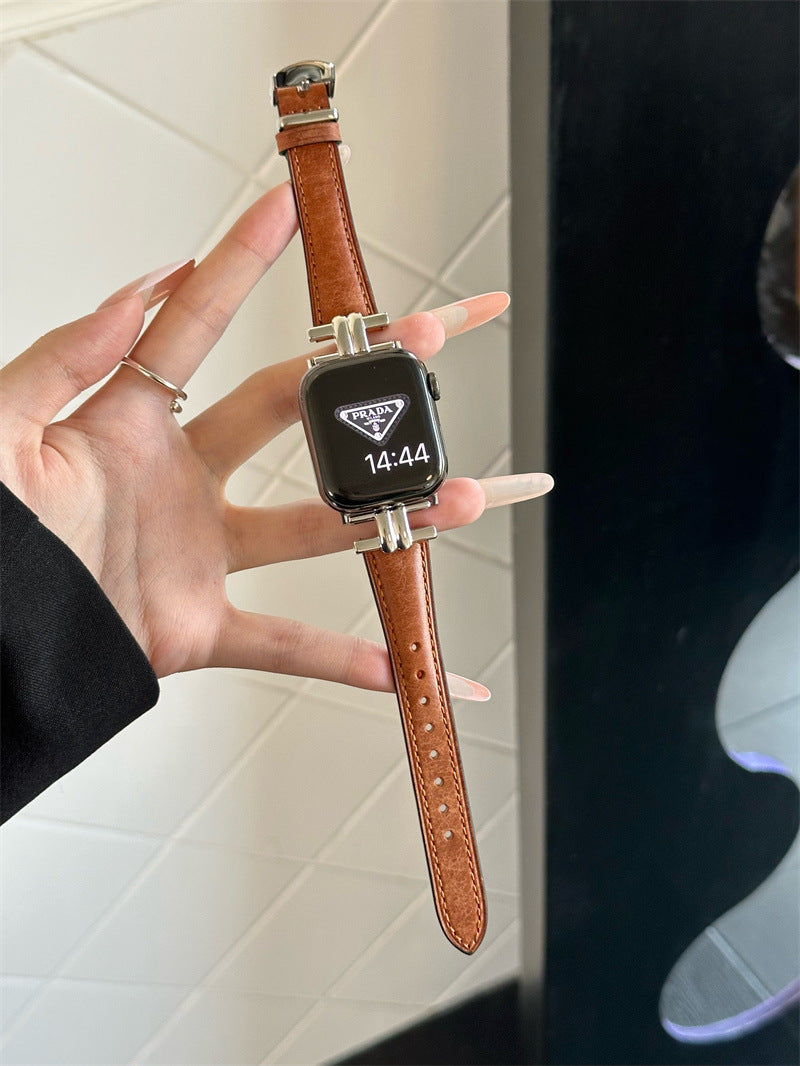 iwatch9 strap high sense genuine leather retro suitable for Apple Watch S10875se generation ultra autumn and winter leather